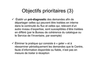 Objectifs prioritaires (3)
Établir un pré-diagnostic des demandes afin de
départager celles qui peuvent être traitées en interne
dans la continuité du flux et celles qui, relevant d’un
autre niveau d’expertise, sont susceptibles d’être traitées
en différé (par le Bureau de cohérence du catalogue ou
le Service de l’Inventaire, par exemple)
Éliminer la pratique qui consiste à « geler » et à
réexaminer périodiquement les demandes que le Centre,
faute d’information disponible ou fiable, n’est pas en
mesure de traiter à réception
 