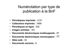 Numérotation par type de
publication à la BnF
• Périodiques imprimés : 4141
• Collections imprimés : 1699
• Périodiques en ligne : 234
• Images animées : 161
• Documents électroniques multisupports : 87
• Documents électroniques monosupport : 77
• Sites web : 33
• Documents sonores : 6
 