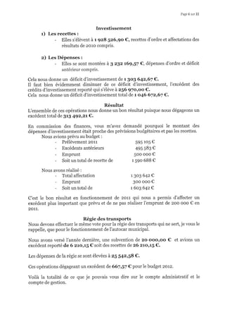 Page 6 sar 22
Investissernent
r) Les recettes:
- Elles s'élèvent à r 928 526,90 €, recettes d'ordre et affectations des
résultats de zoro compris.
z) Les Dépenses:
- Elles se sont montées à g zgz t69r57 €, dépenses d'ordre et déficit
antérieur compris.
Cela nous donne un déficit d'investissement de r 3o3 642167 €.
Il faut bien évidemment diminuer de ce déficit d'investissement, l'excédent des
crédits d'investissement reporté qui s'élève à 256 97oroo €.
Cela nous donne un déficit d'investissement total de t o.46 672167 €.
Résultat
L'ensemble de ces opérations nous donne un bon résultat puisque nous dégageons un
excédent total de 3t3 492,2LC.
En commission des finances, vous m'avez demandé pourquoi le montant des
dépenses d'investissement était proche des prévisions budgétaires et pas les recet[es.
Nous avions prévu au budget :
- Prélèvement 2011 595 ro5 C
- Excédents antérieurs 495 S83 €
- Emprunt 5oo ooo €
- Soit un total de recette de 1 59o 688 €
Nous avons réalisé :
- Total affectation 1303 642€
- Emprunt 3oo ooo €
- Soit un total de r 6o3 642€
C'est le bon résultat en fonctionnement de zorr qui nous a permis d'affecter un
excédent plus important que prévu et de ne pas réaliser i'emprunt de zoo ooo C en
20tL.
Régie des transports
Nous devons effectuer le même vote pour la régie des transports qui ne sert, je vous le
rappelle, que pour le fonctionnement de l'autocar municipal.
Nous avons versé I'année dernière, une subvention de zo oooroo € et avions un
excédent reporté de 6 zro,r5 € soit des recettes de z6 zl.orl^5C.
Les dépenses de la régie se sont élevées à25 542158 €.
Ces opérations dégageant un excédent de 667157 € pour le budget 2oL2.
Voilà la totalité de ce que je pouvais vous dire sur le compte administratif et le
compte de gestion.
 
