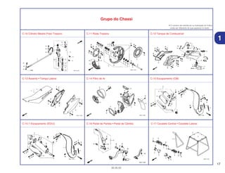17
30.05.02
1
Grupo do Chassi
• O número de referência na ilustração do índice
pode ser diferente do que aparece no texto.
C-10 Cilindro Mestre Freio Traseiro C-11 Roda Traseira C-12 Tanque de Combustível
C-13 Assento • Tampa Lateral C-14 Filtro de Ar C-15 Escapamento (CM)
C-15.1 Escapamento (ED/U) C-16 Pedal de Partida • Pedal de Câmbio C-17 Cavalete Central • Cavalete Lateral
 