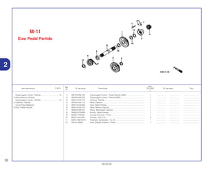 Ref.
Qtd.
Item de serviço T.M.O. Nº da peça Descrição CR125R Nº de série Tipo
Nº
2
1 28210-KS6-700 Engrenagem Comp., Pedal Partida (29D).................................. 1 .................. .................. ..............................
2 28230-KS6-700 Engrenagem Comp., Partida (29D)............................................ 1 .................. .................. ..............................
3 28241-KA3-710 Catraca, Partida.......................................................................... 1 .................. .................. ..............................
4 28242-KA3-710 Mola, Catraca ............................................................................. 1 .................. .................. ..............................
5 28251-KZ4-000 Eixo, Pedal Partida ..................................................................... 1 .................. .................. ..............................
6 28261-KA3-710 Mola, Retorno Partida................................................................. 1 .................. .................. ..............................
7 28262-KS6-701 Placa, Deslizador Catraca.......................................................... 1 .................. .................. ..............................
8 28282-KZ4-B00 Bucha, Pedal Partida.................................................................. 1 .................. .................. ..............................
9 90452-178-000 Arruela, Encosto, 17mm ............................................................. 1 .................. .................. ..............................
10 90501-444-000 Arruela, 16,8 x 24 ....................................................................... 3 .................. .................. ..............................
11 93301-06016-0A Parafuso, Sextavado., 6 x 16...................................................... 1 .................. .................. ..............................
12 94510-16000 Anel, Elástico Externo, 16mm..................................................... 1 .................. .................. ..............................
M-11
Eixo Pedal Partida
32
30.05.02
Engrenagem Comp., Partida.................................1,0
• Mola Retorno, Partida
Engrenagem Comp., Partida.................................1,3
• Catraca., Partida
(Inclui Peça Relativa)
• Eixo, Pedal Partida
2
 