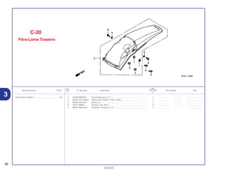 Ref.
Qtd.
Item de serviço T.M.O. Nº da peça Descrição CR125R Nº de série Tipo
Nº
2
1 61304-958-003 Porca Especial, 6 x 7.................................................................. 2 .................. .................. ..............................
2 80101-KZ4-J40ZA Pára-Lama Traseiro *Tipo1* (WL)............................................... 1 .................. .................. ..............................
3 90502-KZ4-J20 Bucha, B..................................................................................... 2 .................. .................. ..............................
4 94101-06800 Arruela, Lisa, 6mm...................................................................... 2 .................. .................. ..............................
5 96001-06016-00 Parafuso, Flange, 6 x 16............................................................. 4 .................. .................. ..............................
C-20
Pára-Lama Traseiro
66
30.05.02
Pára-Lama Traseiro ...............................................0,2
3
 
