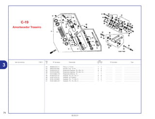 Ref.
Qtd.
Item de serviço T.M.O. Nº da peça Descrição CR125R Nº de série Tipo
Nº
Y 1
43 90306-KZ4-711 Porca, U, 10 mm...................................................... 1 1 .................. .................. .........................................
44 90504-SF4-000 Arruela, Lisa, 12 mm................................................ 3 3 .................. .................. .........................................
45 91053-KZ4-J21 Rolamento Agulhas, 20 x 26 x 14............................ 6 6 .................. .................. .........................................
46 91074-KZ4-B01 Rolamento Agulhas, 19 x 26 x 15............................ 1 1 .................. .................. .........................................
47 91074-MAC-741 Rolamento Esferico, 10............................................ 1 1 .................. .................. .........................................
48 91262-KZ3-731 Vedador, Pó, 25 x 32 x 4 ......................................... 6 6 .................. .................. .........................................
49 91351-KZ3-731 Vedador, Pó Traseiro............................................... 1 1 .................. .................. .........................................
50 91351-KZ4-B01 Vedador, Pó, 17 x 26 x 3 ......................................... 2 2 .................. .................. .........................................
51 91351-MAC-671 Vedador, Pó, 16 x 26 x 3 ......................................... 1 1 .................. .................. .........................................
C-19
Amortecedor Traseiro
74
30.05.01
3
 