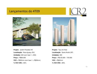 M                        -          ) +




    Projeto: Jardim Paradiso IIA          Projeto: Top Life View
    Localização: Nova Iguaçu (RJ)         Localização: Santo André (SP)
    Unidades: 320 (com fase 1 = 854)      Unidades: 300
    Preço = R$69.000                      Preço = R$125.000 – 150.000
    VGV = R$22mm (com fase 1 = R$59mm)    VGV = R$42mm
    % VGV CR2 = 93%                       % VGV CR2 = 86%

                                                                          14
 