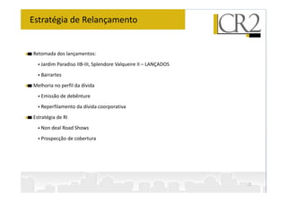 Estratégia de Relançamento


Retomada dos lançamentos:
   Jardim Paradiso IIB-III, Splendore Valqueire II – LANÇADOS
   Barrartes
Melhoria no perfil da dívida
   Emissão de debênture
   Reperfilamento da dívida coorporativa
Estratégia de RI
   Non deal Road Shows
   Prospecção de cobertura




                                                                22
 