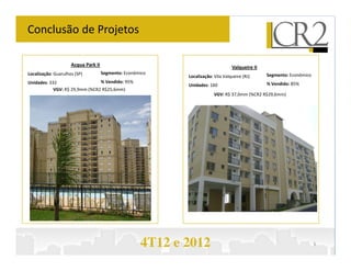 Conclusão de Projetos

                     Acqua Park II                                                Valqueire II
Localização: Guarulhos (SP)          Segmento: Econômico                                         Segmento: Econômico
                                                            Localização: Vila Valqueire (RJ)
Unidades: 332                   % Vendido: 95%                                                   % Vendido: 85%
                                                            Unidades: 160
            VGV: R$ 29,9mm (%CR2 R$25,6mm)
                                                                         VGV: R$ 37,0mm (%CR2 R$29,6mm)




                                                     4T12 e 2012                                                       3
 