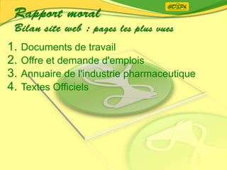 1. Documents de travail
2. Offre et demande d'emplois
3. Annuaire de l'industrie pharmaceutique
4. Textes Officiels
 