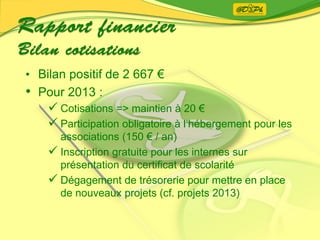 • Bilan positif de 2 667 €
• Pour 2013 :
 Cotisations => maintien à 20 €
 Participation obligatoire à l’hébergement pour les
associations (150 € / an)
 Inscription gratuite pour les internes sur
présentation du certificat de scolarité
 Dégagement de trésorerie pour mettre en place
de nouveaux projets (cf. projets 2013)
 