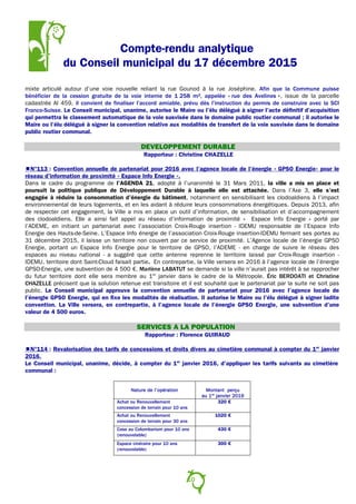 Compte-rendu analytique
du Conseil municipal du 17 décembre 2015
mixte articulé autour d’une voie nouvelle reliant la rue Gounod à la rue Joséphine. Afin que la Commune puisse
bénéficier de la cession gratuite de la voie interne de 1 258 m², appelée « rue des Avelines », issue de la parcelle
cadastrée AI 459, il convient de finaliser l’accord amiable, prévu dès l’instruction du permis de construire avec la SCI
Franco-Suisse. Le Conseil municipal, unanime, autorise le Maire ou l’élu délégué à signer l’acte définitif d’acquisition
qui permettra le classement automatique de la voie susvisée dans le domaine public routier communal ; il autorise le
Maire ou l’élu délégué à signer la convention relative aux modalités de transfert de la voie susvisée dans le domaine
public routier communal.
DEVELOPPEMENT DURABLE
Rapporteur : Christine CHAZELLE
N°113 : Convention annuelle de partenariat pour 2016 avec l’agence locale de l’énergie « GPSO Energie» pour le
réseau d’information de proximité « Espace Info Energie ».
Dans le cadre du programme de l’AGENDA 21, adopté à l’unanimité le 31 Mars 2011, la ville a mis en place et
poursuit la politique publique de Développement Durable à laquelle elle est attachée. Dans l’Axe 3, elle s’est
engagée à réduire la consommation d’énergie du bâtiment, notamment en sensibilisant les clodoaldiens à l’impact
environnemental de leurs logements, et en les aidant à réduire leurs consommations énergétiques. Depuis 2013, afin
de respecter cet engagement, la Ville a mis en place un outil d’information, de sensibilisation et d’accompagnement
des clodoaldiens. Elle a ainsi fait appel au réseau d’information de proximité « Espace Info Energie » porté par
l’ADEME, en initiant un partenariat avec l’association Croix-Rouge insertion - IDEMU responsable de l’Espace Info
Energie des Hauts-de-Seine. L’Espace Info énergie de l’association Croix-Rouge insertion-IDEMU fermant ses portes au
31 décembre 2015, il laisse un territoire non couvert par ce service de proximité. L’Agence locale de l’énergie GPSO
Energie, portant un Espace Info Energie pour le territoire de GPSO, l’ADEME - en charge de suivre le réseau des
espaces au niveau national - a suggéré que cette antenne reprenne le territoire laissé par Croix-Rouge insertion -
IDEMU, territoire dont Saint-Cloud faisait partie. En contrepartie, la Ville versera en 2016 à l’agence locale de l’énergie
GPSO-Energie, une subvention de 4 500 €. Marlène LABATUT se demande si la ville n’aurait pas intérêt à se rapprocher
du futur territoire dont elle sera membre au 1er
janvier dans le cadre de la Métropole. Éric BERDOATI et Christine
CHAZELLE précisent que la solution retenue est transitoire et il est souhaité que le partenariat par la suite ne soit pas
public. Le Conseil municipal approuve la convention annuelle de partenariat pour 2016 avec l’agence locale de
l’énergie GPSO Energie, qui en fixe les modalités de réalisation. Il autorise le Maire ou l’élu délégué à signer ladite
convention. La Ville versera, en contrepartie, à l’agence locale de l’énergie GPSO Energie, une subvention d’une
valeur de 4 500 euros.
SERVICES A LA POPULATION
Rapporteur : Florence GUIRAUD
N°114 : Revalorisation des tarifs de concessions et droits divers au cimetière communal à compter du 1er
janvier
2016.
Le Conseil municipal, unanime, décide, à compter du 1er
janvier 2016, d’appliquer les tarifs suivants au cimetière
communal :
Nature de l’opération Montant perçu
au 1er
janvier 2016
Achat ou Renouvellement
concession de terrain pour 10 ans
320 €
Achat ou Renouvellement
concession de terrain pour 30 ans
1020 €
Case au Columbarium pour 10 ans
(renouvelable)
430 €
Espace cinéraire pour 10 ans
(renouvelable)
300 €
10
 