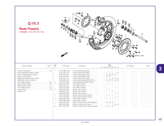 107
01.10.00
Ref.
Qtd.
Item de serviço T.M.O. Nº da peça Descrição CR250 Nº de série Nota
Nº
RL RM RN RP RR RS RT
* 1 41201-MAC-740 Coroa Transmissão (50D) ....................... – – – – – – 1 .................. .................. ..................................
41201-ML3-791 Coroa Transmissão (49D) ....................... – – 1 1 1 1 (1) .................. .................. ..................................
41202-ML3-811 Coroa Transmissão (47D) ....................... – – (1) (1) (1) (1) – .................. .................. ..................................
41201-KZ4-861 Coroa Transmissão (51D) ....................... – – (1) (1) – – – .................. .................. ..................................
41201-KZ4-711 Coroa Transmissão (51D) ....................... – – – – (1) (1) (1) .................. .................. ..................................
41204-ML3-810 Coroa Transmissão (49D) (STEEL) ......... – – (1) (1) (1) (1) (1) .................. .................. ..................................
2 41231-KZ4-000 Trava Rolamento, Roda Traseira ............ – – 1 1 1 1 1 .................. .................. ..................................
3 42301-KZ3-861 Eixo, Roda Traseira................................. – – 1 1 – – – .................. .................. ..................................
42301-KZ4-710 Eixo, Roda Traseira................................. – – – – 1 – – .................. .................. ..................................
42301-KZ3-600 Eixo, Roda Traseira................................. – – – – – 1 1 .................. .................. ..................................
4 42306-KZ3-860 Bucha, Eixo Traseiro ............................... – – 2 2 – – – .................. .................. ..................................
42306-K24-710 Bucha, Eixo Traseiro ............................... – – – – 2 – – .................. .................. ..................................
42306-KZ3-600 Bucha, Eixo Traseiro ............................... – – – – – 2 2 .................. .................. ..................................
5 42311-KS6-830 Bucha Lateral, Roda Traseira ................. – – 2 2 2 – – .................. .................. ..................................
42311-KZ3-600 Bucha Lateral, Roda Traseira ................. – – – – – 2 2 .................. .................. ..................................
6 42601-ML3-790 Cubo, Roda Traseira............................... – – 1 1 1 – – .................. .................. ..................................
42601-MAC-680 Cubo, Roda Traseira............................... – – – – – 1 1 .................. .................. ..................................
7 42610-KZ4-405 Raio A, Traseiro (197,0 mm) (Interno)..... – – 16 16 16 – – .................. .................. ..................................
04420-KZ3-600 Raio A, Traseiro (210,0 mm) ................... – – – – – 16 16 .................. .................. ..................................
8 42611-KZ4-405 Raio B, Traseiro (194,0 mm) (Externo).... – – 16 16 16 – – .................. .................. ..................................
C-11.1
Roda Traseira
(CR250RN • RP • RR • RS • RT)
Coroa Transmissão................................................0,5
• Trava Rolamento, Roda Traseira
• Bucha, Distanciadora Traseira
• Disco, Freio Traseiro
• Rolamento Radial, Esferas, 6004
(Adicionar 0,1 por Unidade)
Eixo, Roda Traseira ...............................................0,4
Cubo, Roda Traseira .............................................2,8
Roda Traseira Comp .............................................1,1
Aro, Roda Traseira.................................................2,5
Pneu Traseiro.........................................................1,0
• Câmara, Ar
3
 