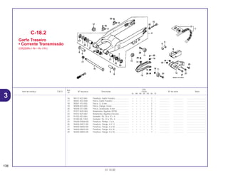 Ref.
Qtd.
Item de serviço T.M.O. Nº da peça Descrição CR250 Nº de série Nota
Nº
RL RM RN RP RR RS RT
16 90117-KZ3-861 Parafuso, Garfo Traseiro ......................... – – – – – 1 – .................. .................. ..................................
17 90301-KS7-830 Porca, Garfo Traseiro.............................. – – – – – 1 – .................. .................. ..................................
18 90301-473-003 Porca, U, 6 mm ....................................... – – – – – 2 – .................. .................. ..................................
19 90309-KF0-003 Porca, Flange, 8 mm............................... – – – – – 1 – .................. .................. ..................................
20 90309-357-000 Porca, Sextavada, 8 mm......................... – – – – – 2 – .................. .................. ..................................
21 91071-MJ0-003 Rolamento, Agulhas (NTN) ..................... – – – – – 2 – .................. .................. ..................................
22 91072-KZ3-861 Rolamento, Agulhas Encosto.................. – – – – – 2 – .................. .................. ..................................
23 91253-KZ3-861 Vedador, Pó, 30 x 37 x 4......................... – – – – – 2 – .................. .................. ..................................
24 91283-ML7-003 Vedador, Pó, 22 x 29 x 4......................... – – – – – 2 – .................. .................. ..................................
25 93500-05008-0A Parafuso, Phillips, 5 x 8........................... – – – – – 7 – .................. .................. ..................................
26 96400-06012-00 Parafuso, Flange, 6 x 12 ......................... – – – – – 1 – .................. .................. ..................................
27 96400-06050-00 Parafuso, Flange, 6 x 50 ......................... – – – – – 2 – .................. .................. ..................................
28 96400-08035-00 Parafuso, Flange, 8 x 35 ......................... – – – – – 1 – .................. .................. ..................................
29 96400-08055-00 Parafuso, Flange, 8 x 55 ......................... – – – – – 1 – .................. .................. ..................................
C-18.2
Garfo Traseiro
• Corrente Transmissão
(CR250RN • RP • RS • RT)
138
01.10.00
3
 