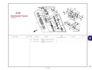 143
01.10.00
Ref.
Qtd.
Item de serviço T.M.O. Nº da peça Descrição CR250 Nº de série Nota
Nº
RL RM RN RP RR RS RT
48 91351-KS7-003 Vedador, Pó, Superior Amortecedor
Traseiro ................................................ 2 – – – – – – .................. .................. ..................................
49 91351-KS7-832 Vedador, Pó, Inferior Amortecedor
Traseiro ................................................ 2 – – – – – – .................. .................. ..................................
C-19
Amortecedor Traseiro
(CR250RL)
3
 