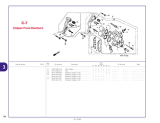 Ref.
Qtd.
Item de serviço T.M.O. Nº da peça Descrição CR250 Nº de série Nota
Nº
RL RM RN RP RR RS RT
21 45203-MG3-016 Pino, Plugue ............................................ 1 1 1 1 1 1 1 .................. .................. ..................................
22 45215-HA5-672 Pino ......................................................... 1 1 1 1 1 1 1 .................. .................. ..................................
23 90131-MS6-900 Parafuso, Flange, 8 x 40 ......................... – – – – – 2 2 .................. .................. ..................................
24 90154-KZ3-000 Parafuso, Flange, 8 x 44 ......................... 1 – – – – – – .................. .................. ..................................
90154-KZ3-730 Parafuso, Flange, 8 x 44 ......................... – 1 1 1 1 – – .................. .................. ..................................
25 90155-KZ3-000 Parafuso, Flange, 8 x 50 ......................... 1 – – – – – – .................. .................. ..................................
90155-KZ3-730 Parafuso, Flange, 8 x 50 ......................... – 1 1 1 1 – – .................. .................. ..................................
C-7
Cáliper Freio Dianteiro
94
01.10.00
3
 