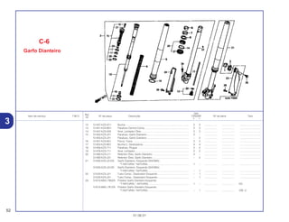 Ref.
Qtd.
Item de serviço T.M.O. Nº da peça Descrição CR250R Nº de série Tipo
Nº
Y 1
12 51437-KZ3-A71 Bucha ......................................................................................... 2 2 .................. .................. ..............................
13 51441-KZ3-B01 Parafuso Central Comp. ............................................................. 2 2 .................. .................. ..............................
14 51447-KZ3-003 Anel, Limitador Óleo .................................................................. 2 2 .................. .................. ..............................
15 51450-KZ3-J21 Parafuso, Garfo Dianteiro ........................................................... 2 – .................. .................. ..............................
51450-KZ3-J31 Parafuso, Garfo Dianteiro ........................................................... – 2 .................. .................. ..............................
16 51451-KZ3-801 Porca, Trava . ............................................................................. 2 2 .................. .................. ..............................
17 51453-KZ3-B01 Bucha C, Deslizadora ................................................................ 4 4 .................. .................. ..............................
18 51456-KZ3-711 Parafuso, Plugue . ...................................................................... 2 2 .................. .................. ..............................
19 51476-KZ3-711 Anel, Limitador............................................................................ 2 2 .................. .................. ..............................
20 51490-KZ3-J11 Retentor Óleo, Garfo Dianteiro ................................................... 2 – .................. .................. ..............................
51490-KZ3-J31 Retentor Óleo, Garfo Dianteiro ................................................... – 2 .................. .................. ..............................
21 51500-KZ3-J21ZA Garfo Dianteiro, Esquerdo (SHOWA)
*T-NATURAL* NATURAL......................................................... 1 – .................. .................. ..............................
51500-KZ3-J31ZA Garfo Dianteiro, Esquerdo (SHOWA)
*T-NATURAL* NATURAL......................................................... – 1 .................. .................. ..............................
22 51520-KZ3-J21 Tubo Comp., Deslizador Esquerdo............................................ – 1 .................. .................. ..............................
51520-KZ3-J31 Tubo Comp., Deslizador Esquerdo............................................ – 1 .................. .................. ..............................
23 51610-MAC-780ZA Protetor Garfo Dianteiro Esquerdo
*T-NATURAL* .NATURAL........................................................ 1 – .................. .................. ED
51610-MAC-781ZA Protetor Garfo Dianteiro Esquerdo
*T-NATURAL* NATURAL......................................................... – 1 .................. .................. CM, U
C-6
Garfo Dianteiro
52
01.06.01
3
 