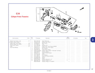 57
01.06.01
Ref.
Qtd.
Item de serviço T.M.O. Nº da peça Descrição CR250R Nº de série Tipo
Nº
Y 1
1 06431-MA3-405 Anéis, Pistão Jogo...................................................................... 1 1 .................. .................. ..............................
2 43105-KZ1-405 Pastilha, Freio Traseiro ............................................................... 1 1 .................. .................. ..............................
3 43108-MY6-671 Mola, Pastilha . ........................................................................... 1 1 .................. .................. ..............................
4 43112-KS6-701 Trava .......................................................................................... 1 1 .................. .................. ..............................
5 43131-KW3-006 Parafuso, Pino............................................................................. 1 1 .................. .................. ..............................
6 43150-KZ4-J21 Cáliper Comp., Freio Traseiro (NISSIN) ..................................... 1 1 .................. .................. ..............................
7 43190-KZ4-J21 Suporte Comp., Freio Traseiro ................................................... 1 1 .................. .................. ..............................
8 43215-ML3-911 Pino, Parafuso ............................................................................ 1 1 .................. .................. ..............................
9 43330-KS6-700 Tampa, Disco Traseiro ............................................................... 1 1 .................. .................. ..............................
10 43340-KZ3-B00ZA Protetor, Cáliper Traseiro *T-NATURAL* NATURAL................... 1 1 .................. .................. ..............................
11 43352-568-003 Parafuso, Sangria ....................................................................... 1 1 .................. .................. ..............................
12 43353-461-771 Tampa, Parafuso Sangria........................................................... 1 1 .................. .................. ..............................
13 45107-ML4-006 Pistão.......................................................................................... 1 1 .................. .................. ..............................
14 45131-166-016 Pino, Parafuso............................................................................. 1 1 .................. .................. ..............................
15 45132-166-016 Capa, Pino Parafuso (NISSIN).................................................... 1 1 .................. .................. ..............................
16 45133-MA3-006 Capa B........................................................................................ 1 1 .................. .................. ..............................
17 45203-MG3-016 Plugue......................................................................................... 1 1 .................. .................. ..............................
18 90190-KZ3-B00 Parafuso, Especial, 6 x 10.......................................................... 2 2 .................. .................. ..............................
19 96500-06012-00 Parafuso, Flange, 6 x 12............................................................. 2 – .................. .................. ..............................
90004-GHB-600 Parafuso, Flange, 6 x 10 (NSHF)................................................ – 2 .................. .................. ..............................
C-9
Cáliper Freio Traseiro
Pastilha, Freio Traseiro, Jogo ................................0,1
• Protetor, Cáliper Traseiro
Cáliper Comp., Freio Traseiro ...............................0,6
Suporte, Cáliper Freio Traseiro..............................0,5
Tampa, Disco Traseiro ..........................................0,4
Pistão.....................................................................0,7
(Inclui Peça Relativa)
3
 