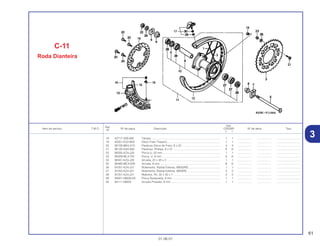 61
01.06.01
Ref.
Qtd.
Item de serviço T.M.O. Nº da peça Descrição CR250R Nº de série Tipo
Nº
Y 1
18 42717-329-000 Tampa......................................................................................... 1 1 .................. .................. ..............................
19 43351-KZ3-B00 Disco Freio Traseiro.................................................................... 1 1 .................. .................. ..............................
20 90105-MK5-010 Parafuso Disco de Freio, 8 x 22 ................................................. 4 4 .................. .................. ..............................
21 90125-KA4-000 Parafuso, Phillips, 8 x 31 ............................................................ 6 6 .................. .................. ..............................
22 90305-KZ4-J20 Porca U, 22 mm ......................................................................... 1 1 .................. .................. ..............................
23 90309-ML3-791 Porca, U, 8 mm .......................................................................... 6 6 .................. .................. ..............................
24 90401-KZ4-J20 Arruela, 22 x 35 x 2 .................................................................... 1 1 .................. .................. ..............................
25 90465-MC4-000 Arruela, 8 mm ............................................................................. 6 6 .................. .................. ..............................
26 91051-KZ4-J21 Rolamento, Radial Esferas, 69052RS......................................... 1 1 .................. .................. ..............................
27 91052-KZ4-J21 Rolamento, Radial Esferas, 6905RS........................................... 2 2 .................. .................. ..............................
28 91251-KZ4-J21 Retentor, Pó, 32 x 43 x 7 ............................................................ 2 2 .................. .................. ..............................
29 94001-08000-0S Porca Sextavada, 8 mm ............................................................. 1 1 .................. .................. ..............................
30 94111-08000 Arruela Pressão, 8 mm ............................................................... 1 1 .................. .................. ..............................
C-11
Roda Dianteira
3
 