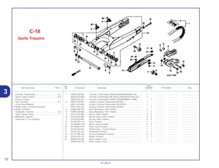 Ref.
Qtd.
Item de serviço T.M.O. Nº da peça Descrição CR250R Nº de série Tipo
Nº
Y 1
1 40530-KZ3-B01 Corrente, Transmissão (DAIDO) (DID520DM-RB)(114L)........... 1 – .................. .................. ..............................
40530-KZ3-B02 Corrente, Transmissão (RK EXCEL) (RK520KZ6-RJ)(114L) ...... 1 – .................. .................. ..............................
40530-KZ3-J31 Corrente, Transmissão (DAIDO) (DID520DMA2-114RB)........... – 1 .................. .................. ..............................
2 40531-KZ4-B01 Junção, Corrente Transmissão (DAIDO) ................................... 1 – .................. .................. ..............................
40531-KZ4-B02 Junção, Corrente Transmissão (RK EXCEL). ............................. 1 – .................. .................. ..............................
40531-KZ4-J31 Junção, Corrente Transmissão (DAIDO) ................................... – 1 .................. .................. ..............................
3 43468-KS6-700 Guia, Mangueira, Freio Traseiro................................................. 1 1 .................. .................. ..............................
4 43468-KZ3-B00 Guia, Mangueira, Freio Traseiro................................................. 1 1 .................. .................. ..............................
5 52141-KZ3-860 Bucha, Garfo Traseiro . .............................................................. 2 2 .................. .................. ..............................
6 52142-KZ3-860 Bucha Lateral, Garfo Traseiro .................................................... 2 2 .................. .................. ..............................
7 52143-KZ3-860 Arruela, Garfo Traseiro ............................................................... 4 4 .................. .................. ..............................
8 52146-KZ3-J10 Guia, Corrente . .......................................................................... 1 1 .................. .................. ..............................
9 52148-MAC-780 Bucha, Guia Corrente................................................................. 2 2 .................. .................. ..............................
10 52156-ML3-910 Placa, Guia Corrente .................................................................. 1 1 .................. .................. ..............................
11 52158-KA3-831 Rolete Comp., Corrente Tensor.................................................. 1 1 .................. .................. ..............................
12 52170-KZ4-J20 Deslizador Corrente.................................................................... 1 1 .................. .................. ..............................
13 52171-KR6-000 Arruela, Deslizador Corrente ..................................................... 2 2 .................. .................. ..............................
14 52175-KZ3-J10 Rolete, Corrente ......................................................................... 1 1 .................. .................. ..............................
15 52200-KZ4-J20 Garfo Traseiro, Conj. .................................................................. 1 – .................. .................. ..............................
52200-KZ4-J30 Garfo Traseiro, Conj ................................................................... – 1 .................. .................. ..............................
C-18
Garfo Traseiro
72
01.06.01
Corrente, Transmissão ..........................................0,2
Bucha, Garfo Traseiro ...........................................0,8
(Uma ou Todas)
Guia, Corrente .......................................................0,1
(Inclui Peça Relativa)
• Rolete Comp., Corrente Comando
• Rolete, Corrente
Deslizador, Corrente..............................................0,3
Garfo Traseiro Comp.............................................1,1
• Rolamento, Agulhas
(Adicionar 0,1 por Unidade)
3
 