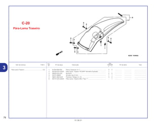 Ref.
Qtd.
Item de serviço T.M.O. Nº da peça Descrição CR250R Nº de série Tipo
Nº
Y 1
1 61304-958-003 Porca, Especial, 6 x 7................................................................. 2 2 .................. .................. ..............................
2 80100-KZ4-J20ZA Pára-Lama, Traseiro *R-254R* Vermelho Explosão ................... 1 – .................. .................. ..............................
3 90502-KZ4-J20 Bucha B...................................................................................... 2 2 .................. .................. ..............................
4 94101-06800 Arruela Lisa, 6 mm...................................................................... 1 1 .................. .................. ..............................
5 96001-06016-00 Parafuso, Flange, 6 x 16............................................................. 3 3 .................. .................. ..............................
6 80101-KZ3-J30ZA Pára-Lama, Traseiro (WL) *Tipo 1*............................................. – 1 .................. .................. ..............................
C-20
Pára-Lama Traseiro
78
01.06.01
Pára-Lama Traseiro ...............................................0,2
3
 
