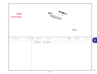 83
01.06.01
Ref.
Qtd.
Item de serviço T.M.O. Nº da peça Descrição CR250R Nº de série Tipo
Nº
Y 1
1 89201-KS6-810 Chave, Cilíndrica A .................................................................... (2) (2) .................. .................. ..............................
2 89301-KA4-811 Medidor, Pressão Ar .................................................................. (1) – .................. .................. ..............................
C-23
Ferramentas
3
 