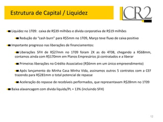 Estrutura de Capital / Liquidez

Liquidez no 1T09: caixa de R$39 milhões e dívida corporativa de R$19 milhões
     Redução do “cash burn” para R$5mm no 1T09, Março teve fluxo de caixa positivo
Importante progresso nas liberações de financiamentos:
     Liberações SFH de R$27mm no 1T09 foram 2X as do 4T08, chegando a R$68mm,
  contamos ainda com R$170mm em Planos Empresários já contratados e a liberar
     Primeiras liberações no Crédito Associativo (R$6mm em um único empreendimento)
     Após lançamento do Minha Casa Minha Vida, assinamos outros 5 contratos com a CEF
  trazendo para R$281mm o total potencial de repasse
     Aceleração do repasse de recebíveis performados, que representavam R$28mm no 1T09
Baixa alavancagem com divida líquida/PL = 13% (incluindo SFH)




                                                                                         12
 
