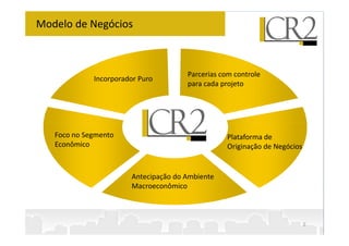 Modelo de Negócios



                                      Parcerias com controle
             Incorporador Puro
                                      para cada projeto




   Foco no Segmento                               Plataforma de
   Econômico                                      Originação de Negócios


                       Antecipação do Ambiente
                       Macroeconômico



                                                                           2
 