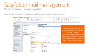 Easyfolder mail management
Vue du coté client …..un envoi simplifié
intégré au client de messagerie de ’utilisateur, un simple clic droit pour déclarer le mail comme critique.




                                                                                                         Un simple clic droit sur le
                                                                                                       message devant être archivé
                                                                                                              comme critique.
                                                                                                     Il en va de même pour un mail
                                                                                                      devant être envoyé, au même
                                                                                                       titre que le flag « assurer un
                                                                                                        suivi » couramment utilisé.
 