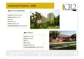 Delivered Projects: 2008
    Green Park 3000/4000

Location: Barra da Tijuca (RJ)
Segment: Middle-Income
Units: 240
PSV: R$55,7mm
% Sold: 100% (Oct-10)
% Disbursed/Paid Down: 93% (Oct-10)




                                     Via Parque

                                 Location: Caxias (RJ)
                                 Segment: Economy
                                 Units: 99
                                 PSV: R$4,9mm
                                 % Sold: 100% (Oct-10)
                                 % Disbursed/Paid Down: 100% (Oct-10)




                                                                        17
 