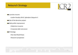 Relaunch Strategy


Launches resume:
   Jardim Paradiso IIB-III, Splendore Valqueire II
Sale of the Barrartes project
Debt profile improvement
   Debenture issuance
   Corporate debt restructure
IR Strategy
   Non deal Road Shows
   Research prospection




                                                     22
 