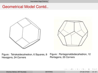 Intermediate Stage Sintering
Geometrical Model Contd..
Figure : Tetrakaidecahedron, 6 Squares, 8
Hexagons, 24 Corners
Figure : Pentagonaldodecahedron, 12
Pentagons, 20 Corners
Shantanu Behera (NIT Rourkela) SINTERING CR 320 CR 654 31 / 47
 