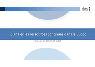 Signaler les ressources continues dans le Sudoc
Réseaux, dispositifs et outils
1
 