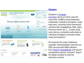 iChapters

iChapters is Cengage
Learning's discount online store for
more than 15,000 printed textbooks,
eTextbooks, individual eChapters, study
help tools, including online homework
solutions like CengageNow, OWL, Aplia,
Personal Trainer etc. [...,] audio study
tools sold as a complete audio book or
individual eChapters and select video
study tool products"

All materials fall under traditional
copyright. Downloadable materials are
PDFs secured with DRM software
from Oracle's SealedMedia and require
a proprietary special "unsealer" plug-in
for Adobe Acrobat to read the
electronic content
 