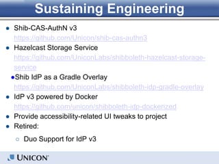 Sustaining Engineering
● Shib-CAS-AuthN v3
https://github.com/Unicon/shib-cas-authn3
● Hazelcast Storage Service
https://github.com/UniconLabs/shibboleth-hazelcast-storage-
service
●Shib IdP as a Gradle Overlay
https://github.com/UniconLabs/shibboleth-idp-gradle-overlay
● IdP v3 powered by Docker
https://github.com/unicon/shibboleth-idp-dockerized
● Provide accessibility-related UI tweaks to project
● Retired:
○ Duo Support for IdP v3
 
