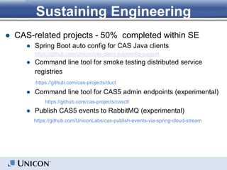 ● CAS-related projects - 50% completed within SE
● Spring Boot auto config for CAS Java clients
https://github.com/Unicon/cas-client-autoconfig-support
● Command line tool for smoke testing distributed service
registries
https://github.com/cas-projects/duct
● Command line tool for CAS5 admin endpoints (experimental)
https://github.com/cas-projects/casctl
● Publish CAS5 events to RabbitMQ (experimental)
https://github.com/UniconLabs/cas-publish-events-via-spring-cloud-stream
Sustaining Engineering
 