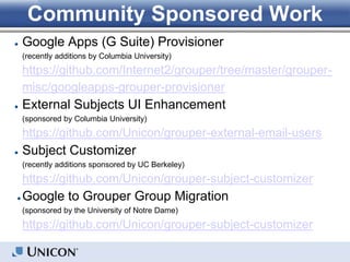 Community Sponsored Work
● Google Apps (G Suite) Provisioner
(recently additions by Columbia University)
https://github.com/Internet2/grouper/tree/master/grouper-
misc/googleapps-grouper-provisioner
● External Subjects UI Enhancement
(sponsored by Columbia University)
https://github.com/Unicon/grouper-external-email-users
● Subject Customizer
(recently additions sponsored by UC Berkeley)
https://github.com/Unicon/grouper-subject-customizer
● Google to Grouper Group Migration
(sponsored by the University of Notre Dame)
https://github.com/Unicon/grouper-subject-customizer
 