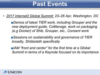 • 2017 Internet2 Global Summit: 23–26 Apr, Washington, DC
■Demos of latest TIER work, including Grouper and the
new deployment guide, CoManage, work on packaging
(e.g Docker) of Shib, Grouper, etc., Consent work
■Sessions on sustainability and governance of TIER
broadly, Shibboleth specifically
■IAM “front and center” for the first time at a Global
Summit in terms of a Keynote focused on its importance
Past Events
 
