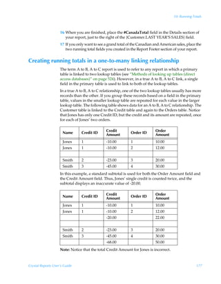 10: Running Totals



                    16 When you are finished, place the #CanadaTotal field in the Details section of
                       your report, just to the right of the {Customer.LAST YEAR’S SALES} field.
                    17 If you only want to see a grand total of the Canadian and American sales, place the
                       two running total fields you created in the Report Footer section of your report.


Creating running totals in a one-to-many linking relationship
                    The term A to B, A to C report is used to refer to any report in which a primary
                    table is linked to two lookup tables (see “Methods of looking up tables (direct
                    access databases)” on page 524). However, in a true A to B, A to C link, a single
                    field in the primary table is used to link to both of the lookup tables.
                    In a true A to B, A to C relationship, one of the two lookup tables usually has more
                    records than the other. If you group these records based on a field in the primary
                    table, values in the smaller lookup table are repeated for each value in the larger
                    lookup table. The following table shows data for an A to B, A to C relationship. The
                    Customer table is linked to the Credit table and again to the Orders table. Notice
                    that Jones has only one Credit ID, but the credit and its amount are repeated, once
                    for each of Jones’ two orders.


                      Name       Credit ID      Credit         Order ID       Order
                                                Amount                        Amount
                      Jones      1              -10.00         1              10.00
                      Jones      1              -10.00         2              12.00


                      Smith      2              -23.00         3              20.00
                      Smith      3              -45.00         4              30.00
                    In this example, a standard subtotal is used for both the Order Amount field and
                    the Credit Amount field. Thus, Jones’ single credit is counted twice, and the
                    subtotal displays an inaccurate value of -20.00.

                                                Credit                        Order
                      Name       Credit ID      Amount         Order ID       Amount
                      Jones      1              -10.00         1              10.00
                      Jones      1              -10.00         2              12.00
                                                -20.00                        22.00


                      Smith      2              -23.00         3              20.00
                      Smith      3              -45.00         4              30.00
                                                -68.00                        50.00
                    Note: Notice that the total Credit Amount for Jones is incorrect.



Crystal Reports User’s Guide                                                                           177
 