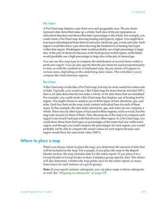 14: Mapping



                    Pie Chart
                    A Pie Chart map displays a pie chart over each geographic area. The pie charts
                    represent data items that make up a whole. Each slice of the pie represents an
                    individual data item and shows that item’s percentage in the whole. For example, you
                    could create a Pie Chart map showing heating fuel types by region. You might have
                    four types of heating fuel (four slices in each pie): electricity, gas, wood, and solar. Each
                    region would then have a pie chart showing the breakdown of heating fuel types
                    within that region. Washington state would probably use a high percentage (a large
                    slice of the pie) of electricity because of the hydropower in that region, while Idaho
                    would probably use a high percentage (a large slice of the pie) of natural gas.
                    You can use this map type to compare the distribution of several items within a
                    particular region. You can also specify that the pie charts be sized proportionately
                    so that, as with the symbols in a Graduated map, the pie charts will appear in
                    various sizes, depending on the underlying data values. This will allow you to
                    compare the totals between regions.

                    Bar Chart
                    A Bar Chart map works like a Pie Chart map, but may be more useful for certain sets
                    of data. Typically, you would use a Bar Chart map for items that do not total 100%;
                    that is, for data items that do not make a whole, or for data items that are unrelated.
                    For example, you could create a Bar Chart map that displays use of heating fuel by
                    region. You might choose to analyze use of three types of fuel: electricity, gas, and
                    solar. Each bar chart on the map could contain individual bars for each of these
                    types. In this example, the data items (electricity, gas, and solar) do not comprise a
                    whole. There may be other types of fuel used in these regions, such as wood, but this
                    map only focuses on three of them. Also, the purpose of the map is to compare each
                    region’s use of each fuel type with that of every other region. In a Pie Chart map, you
                    could show these three fuel types as percentages of the entire fuel use within each
                    region, and though you could compare the percentages for each region, you would
                    probably not be able to compare the actual values for each region because each
                    region would have the same total value (100%).


Where to place a map
                    When you choose where to place the map, you determine the amount of data that
                    will be included in the map. For example, if you place the map in the Report
                    Header section, the map includes data for the entire report. If you place it in a
                    Group Header or Group Footer section, it displays group-specific data. This choice
                    will also determine whether the map prints once for the entire report, or many
                    times (once for each instance of a given group).
                    Note: If your report contains subreports, you can place maps in those subreports
                    as well. See “Mapping on subreports” on page 278.




Crystal Reports User’s Guide                                                                                 269
 