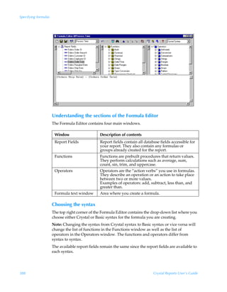 Specifying formulas




                      Understanding the sections of the Formula Editor
                      The Formula Editor contains four main windows.

                       Window                    Description of contents
                       Report Fields             Report fields contain all database fields accessible for
                                                 your report. They also contain any formulas or
                                                 groups already created for the report.
                       Functions                 Functions are prebuilt procedures that return values.
                                                 They perform calculations such as average, sum,
                                                 count, sin, trim, and uppercase.
                       Operators                 Operators are the “action verbs” you use in formulas.
                                                 They describe an operation or an action to take place
                                                 between two or more values.
                                                 Examples of operators: add, subtract, less than, and
                                                 greater than.
                       Formula text window       Area where you create a formula.

                      Choosing the syntax
                      The top right corner of the Formula Editor contains the drop-down list where you
                      choose either Crystal or Basic syntax for the formula you are creating.
                      Note: Changing the syntax from Crystal syntax to Basic syntax or vice versa will
                      change the list of functions in the Functions window as well as the list of
                      operators in the Operators window. The functions and operators differ from
                      syntax to syntax.
                      The available report fields remain the same since the report fields are available to
                      each syntax.




388                                                                             Crystal Reports User’s Guide
 