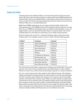 Databases overview



Indexed tables
                     Creating indexes for database tables can increase the speed of data access and
                     reduce the time it takes for the program to evaluate data. Some DBMS applications
                     automatically index your database tables, while others require that you create an
                     index yourself. For the best report generation performance, make sure each of your
                     database tables has a corresponding index.
                     Note: Some DBMS applications do not support indexed tables. Refer to the
                     documentation for your DBMS to find out if it supports indexes and how to create
                     them. If your DBMS documentation does not mention indexed tables, it may not
                     support them, and you should link tables based on common fields. The Visual
                     Linking Expert can also help you determine if your tables include indexes.
                     Indexes organize the records in a relational database table so that data can be
                     located easier. For example, assume you have a table with the following data:

                      Order#                  Customer                  Amount
                      10444                   Allez Distribution        25141.50
                      10470                   BG Mountain Inc.          19164.30
                      10485                   Sierra Mountain           8233.50
                      10488                   Mountain Toad             24580.50
                      10495                   SFB Inc.                  7911.80
                      10501                   La Bomba de Bicicleta     1956.20
                      10511                   BG Mountain Inc.          1683.60
                      10544                   Sierra Bicycle Group      19766.20
                      10568                   Mountain Tops Inc.        29759.55
                      10579                   Sierra Bicycle Group      12763.95
                     The information in this table is organized according to the Order# field. This is fine
                     anytime you want to look up information in the table based on order numbers.
                     However, what if you want to look up information specific to a certain customer?
                     Say you want to look up all orders made by Sierra Bicycle Group. The database
                     engine must begin by looking at the first order number in the list and checking to
                     see if the customer name matches the request. If not, it goes to the second order
                     number, and checks that customer name. When an order number is reached that
                     contains the correct customer name, the database engine retrieves the information,
                     then continues to the next order number. Using this technique, both the Order#
                     field and the Customer field must be read for every single record in the table. This
                     takes a long time and a large amount of computer processing effort for examining
                     extensive database tables with thousands, or even millions of records.




514                                                                               Crystal Reports User’s Guide
 