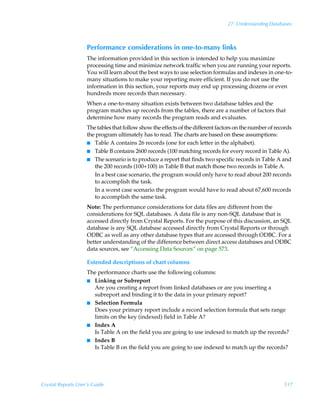 27: Understanding Databases



                    Performance considerations in one-to-many links
                    The information provided in this section is intended to help you maximize
                    processing time and minimize network traffic when you are running your reports.
                    You will learn about the best ways to use selection formulas and indexes in one-to-
                    many situations to make your reporting more efficient. If you do not use the
                    information in this section, your reports may end up processing dozens or even
                    hundreds more records than necessary.
                    When a one-to-many situation exists between two database tables and the
                    program matches up records from the tables, there are a number of factors that
                    determine how many records the program reads and evaluates.
                    The tables that follow show the effects of the different factors on the number of records
                    the program ultimately has to read. The charts are based on these assumptions:
                    I Table A contains 26 records (one for each letter in the alphabet).
                    I Table B contains 2600 records (100 matching records for every record in Table A).
                    I The scenario is to produce a report that finds two specific records in Table A and
                       the 200 records (100+100) in Table B that match those two records in Table A.
                       In a best case scenario, the program would only have to read about 200 records
                       to accomplish the task.
                       In a worst case scenario the program would have to read about 67,600 records
                       to accomplish the same task.
                    Note: The performance considerations for data files are different from the
                    considerations for SQL databases. A data file is any non-SQL database that is
                    accessed directly from Crystal Reports. For the purpose of this discussion, an SQL
                    database is any SQL database accessed directly from Crystal Reports or through
                    ODBC as well as any other database types that are accessed through ODBC. For a
                    better understanding of the difference between direct access databases and ODBC
                    data sources, see “Accessing Data Sources” on page 573.

                    Extended descriptions of chart columns
                    The performance charts use the following columns:
                    I Linking or Subreport
                      Are you creating a report from linked databases or are you inserting a
                      subreport and binding it to the data in your primary report?
                    I Selection Formula
                      Does your primary report include a record selection formula that sets range
                      limits on the key (indexed) field in Table A?
                    I Index A
                      Is Table A on the field you are going to use indexed to match up the records?
                    I Index B
                      Is Table B on the field you are going to use indexed to match up the records?




Crystal Reports User’s Guide                                                                             517
 