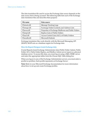 Direct access database files



                     The data translation file used to access the Exchange data source depends on the
                     data source that is being accessed. The following table lists each of the Exchange
                     data translation files and describes their purpose:

                       File name                Data source
                       P2strack.dll             Message Tracking Logs
                       P2smapi.dll              Exchange Folder Contents and Address Lists
                       P2sexsr.dll              Properties of Exchange Mailboxes and Public Folders
                       P2srepl.dll              Replica Lists of Public Folders
                       P2sacl.dll               Access Control Lists (ACL) of Public Folders
                       P2soutlk.dll             Microsoft Outlook
                     Exchange translation files work directly with the Microsoft Messaging API
                     (MAPI). MAPI acts as a database engine for Exchange data.

                     How the Report Designer treats Exchange data
                     Crystal Reports treats Exchange Administrator data (Public Folder Admin, Public
                     Folder ACL, Public Folder Replica, and Mailbox Admin server types) as a physical
                     database server. To access this data, you must log on using a SQL/ODBC server
                     and select the appropriate tables from the Choose SQL Table dialog box.
                     When you log on to any of the Exchange Administrator servers, you must select a
                     profile (or profiles). Each profile represents an Exchange Server.
                     Note: Refer to your Microsoft Exchange documentation for more information
                     about how to set up and create Exchange profiles.




584                                                                           Crystal Reports User’s Guide
 
