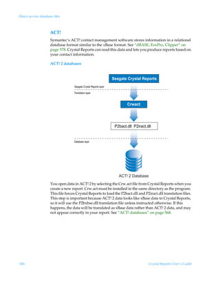 Direct access database files



                     ACT!
                     Symantec’s ACT! contact management software stores information in a relational
                     database format similar to the xBase format. See “dBASE, FoxPro, Clipper” on
                     page 578. Crystal Reports can read this data and lets you produce reports based on
                     your contact information.

                     ACT! 2 databases


                                                                    Seagate Crystal Reports
                                    Seagate Crystal Reports layer
                                    Translation layer


                                                                            Crwact




                                                                     P2bact.dll P2iract.dll


                                    Database layer




                                                                       ACT! 2 Database
                     You open data in ACT! 2 by selecting the Crw.act file from Crystal Reports when you
                     create a new report. Crw.act must be installed in the same directory as the program.
                     This file forces Crystal Reports to load the P2bact.dll and P2iract.dll translation files.
                     This step is important because ACT! 2 data looks like xBase data to Crystal Reports,
                     so it will use the P2bxbse.dll translation file unless instructed otherwise. If this
                     happens, the data will be translated as xBase data rather than ACT! 2 data, and may
                     not appear correctly in your report. See “ACT! databases” on page 568.




586                                                                                      Crystal Reports User’s Guide
 