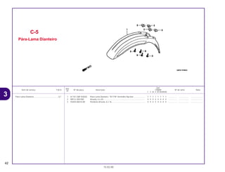 Ref.
Qtd.
Item de serviço T.M.O. Nº da peça Descrição CR80R Nº de série Nota
Nº
T V W X BT BVBWBX
1 61101-GBF-830ZA Pára-Lama Dianteiro .*R177R* Vermelho Nuclear..................... 1 1 1 1 1 1 1 1 ................ .................. .....................
2 90512-300-000 Arruela, 6 x 20............................................................................ 4 4 4 4 4 4 4 4 ................ .................. .....................
3 93404-06016-08 Parafuso Arruela, 6 x 16............................................................. 4 4 4 4 4 4 4 4 ................ .................. .....................
C-5
Pára-Lama Dianteiro
42
15.02.00
Pára-Lama Dianteiro.............................................0,1
3
CR80R•CR80RB/Peças/cor 02/29/2000 15:13 Page 42
 