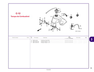 55
Ref.
Qtd.
Item de serviço T.M.O. Nº da peça Descrição CR80R Nº de série Nota
Nº
T V W X BT BVBWBX
19 95002-02100 Presilha do Tubo (B10) .............................................................. 2 2 2 2 2 2 2 2 ................ .................. .....................
20 96001-06016-00 Parafuso Flange, 6 x 16 ............................................................. 2 2 2 2 2 2 2 2 ................ .................. .....................
21 96001-06018-00 Parafuso Flange, 6 x 18 ............................................................. 4 4 4 4 4 4 4 4 ................ .................. .....................
C-12
Tanque de Combustível
15.02.00
3
CR80R•CR80RB/Peças/cor 03/01/2000 15:38 Page 55
 