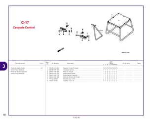 Ref.
Qtd.
Item de serviço T.M.O. Nº da peça Descrição CR80R Nº de série Nota
Nº
T V W X BT BVBWBX
1 50500-KA3-82U Suporte Comp Principal............................................................. (1)(1)(1)(1)(1)(1))(1)(1) ................ .................. .....................
2 50530-GBF-830 Cavalete Lateral ......................................................................... 1 1 1 1 1 1 1 1 ................ .................. .....................
3 50603-GBF-830 Pino de Junção .......................................................................... 2 2 2 2 2 2 2 2 ................ .................. .....................
4 50616-KAE-730 Pedal Apoio Direito .................................................................... 1 1 1 1 1 1 1 1 ................ .................. .....................
5 50642-KAE-730 Pedal Apoio Esquerdo ............................................................... 1 1 1 1 1 1 1 1 ................ .................. .....................
6 50644-KAE-000 Mola de Retorno do Pedal ......................................................... 2 2 2 2 2 2 2 2 ................ .................. .....................
7 94102-08000 Arruela Lisa, 8 mm ..................................................................... 2 2 2 2 2 2 2 2 ................ .................. .....................
8 94201-30180 Cupilha, 3,0 x 18 ........................................................................ 2 2 2 2 2 2 2 2 ................ .................. .....................
C-17
Cavalete Central
60
15.02.00
Pedal de Apoio Direito..........................................0,1
(Inclui Peça Relativa)
• Pedal de Apoio Esquerdo
(Inclui Peça Relativa)
3
CR80R•CR80RB/Peças/cor 02/29/2000 15:13 Page 60
 