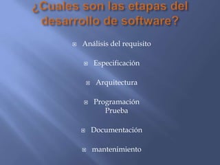 ¿Cuales son las etapas del desarrollo de software?Análisis del requisitoEspecificación ArquitecturaProgramaciónPruebaDocumentaciónmantenimiento