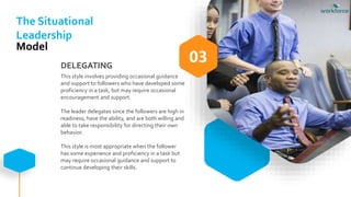 DELEGATING
This style involves providing occasional guidance
and support to followers who have developed some
proficiency in a task, but may require occasional
encouragement and support.
The leader delegates since the followers are high in
readiness, have the ability, and are both willing and
able to take responsibility for directing their own
behavior.
This style is most appropriate when the follower
has some experience and proficiency in a task but
may require occasional guidance and support to
continue developing their skills.
03
The Situational
Leadership
Model
 