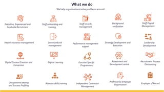 What we do
We help organisations solve problems around:
Staff Payroll
Management
Performance management
support
Health insurance management
Executive, Experienced and
Graduate Recruitment
Staff onboarding and
training
Staff records
management
Leave and exit
management
Background
verification
Strategy Development and
Execution
Digital Learning Function Specific
Programmes
Leadership
Development
Digital Content Creation and
Conversion
Assessment and
Development centre
Occupational testing
and Success Profiling
Independent Contractor
Management
Assessor skills training
Professional Employer
Organisation
Employer of Record
Recruitment Process
Outsourcing
 