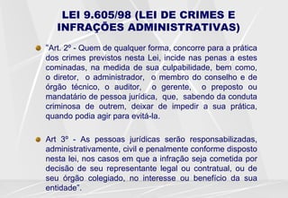 LEI 9.605/98 (LEI DE CRIMES E
INFRAÇÕES ADMINISTRATIVAS)
“Art. 2º - Quem de qualquer forma, concorre para a prática
dos crimes previstos nesta Lei, incide nas penas a estes
cominadas, na medida de sua culpabilidade, bem como,
o diretor, o administrador, o membro do conselho e de
órgão técnico, o auditor, o gerente, o preposto ou
mandatário de pessoa jurídica, que, sabendo da conduta
criminosa de outrem, deixar de impedir a sua prática,
quando podia agir para evitá-la.
Art 3º - As pessoas jurídicas serão responsabilizadas,
administrativamente, civil e penalmente conforme disposto
nesta lei, nos casos em que a infração seja cometida por
decisão de seu representante legal ou contratual, ou de
seu órgão colegiado, no interesse ou benefício da sua
entidade”.
 