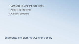 Segurança em Sistemas Convencionais
• Confiança em uma entidade central
• Validação pode falhar
• Auditoria complexa
 